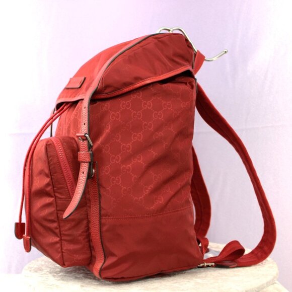Gucci Red GG Nylon Backpack Leather Trim Authentic Designer Bag - Picture 6 of 16
